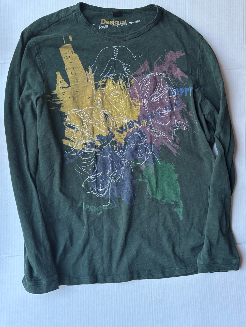 Desigual Y2K forest green abstract art graphic long sleeve tee cotton grunge